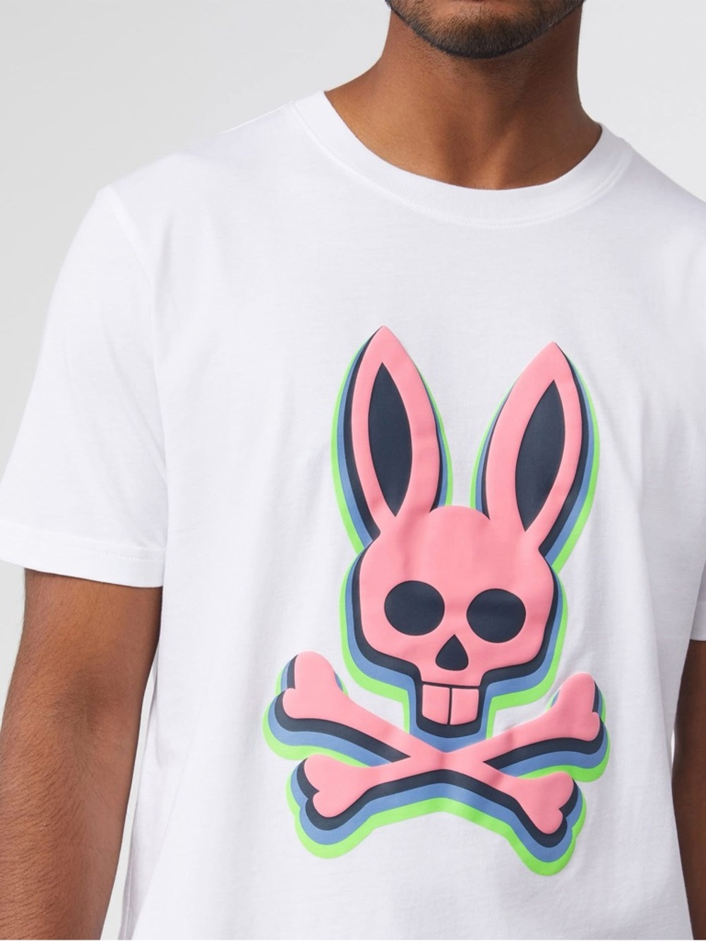Psycho Bunny White T-Shirt with Blue Trim and Pink/Green Graphic